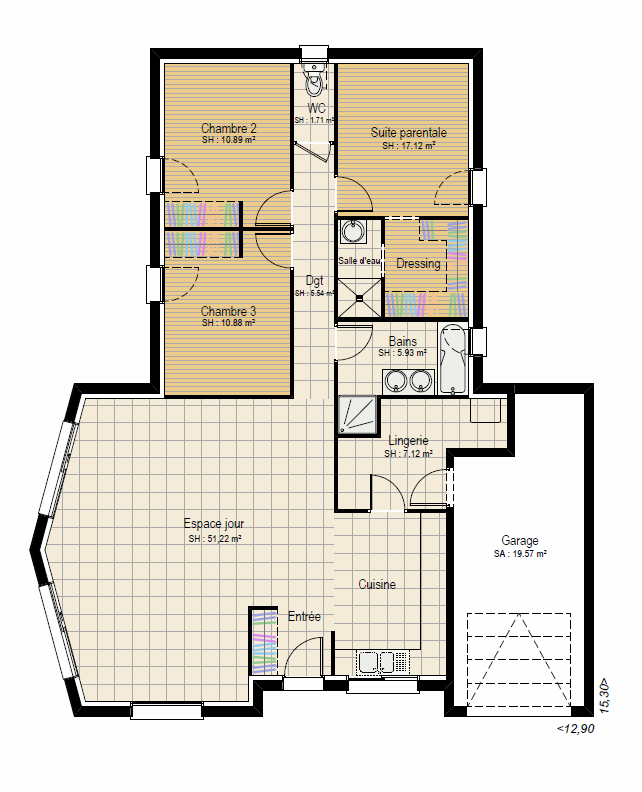 Plan RDC Concept 3 ch - plan maison bourgogne bâtir Saône et Loire Chalon sur Saône