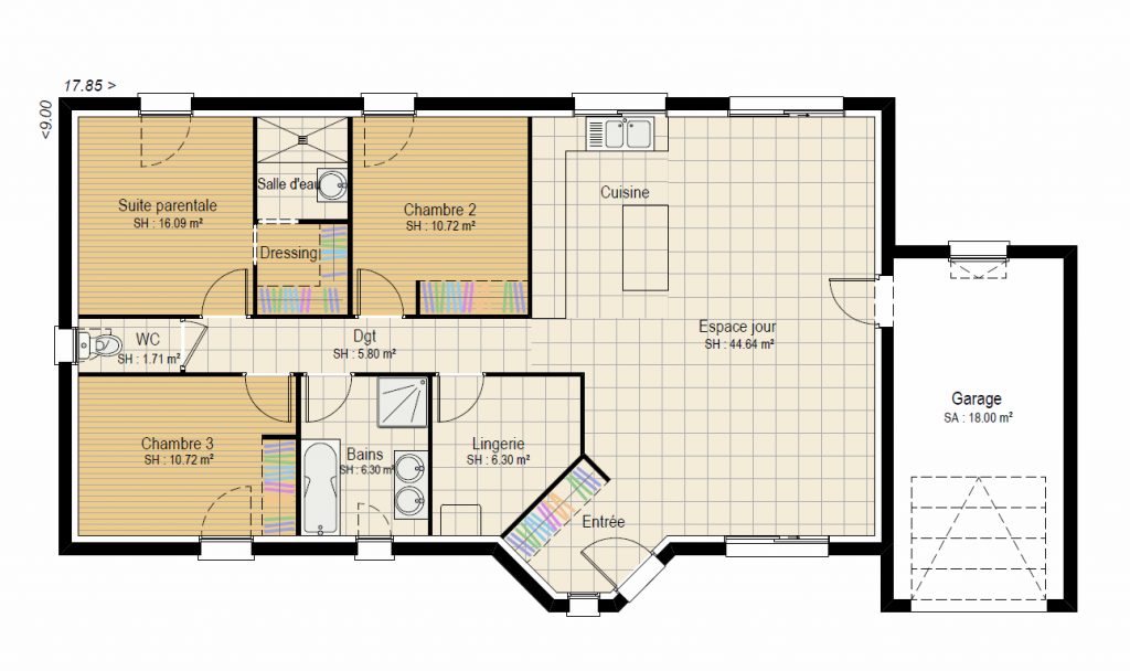 Plan RDC Design 3 ch - plan maison bourgogne bâtir Saône et Loire Chalon sur Saône