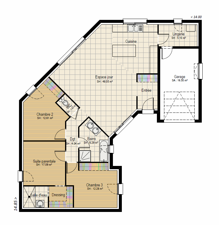 Plan RDC Perspective 3 ch - plan maison bourgogne bâtir Saône et Loire Chalon sur Saône