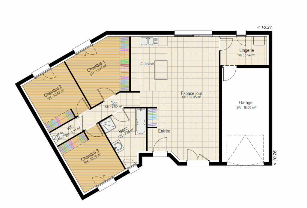 Plan RDC Vision 3 ch - plan maison en V bourgogne bâtir Saône et Loire Chalon sur Saône