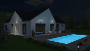Visuel 3D maison bourgogne bâtir Saône et Loire Chalon sur Saône coté piscine de nuit